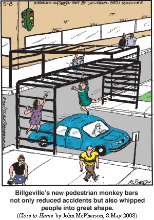 Street intersection traversed by multiple frameworks of metal bars, with 
people working their way across by hanging from the bars:
"